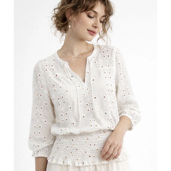 Fig & Flower Tops - Fig and Flower Embroidered Cottagecore Top White Floral Boho Peasant Size XL